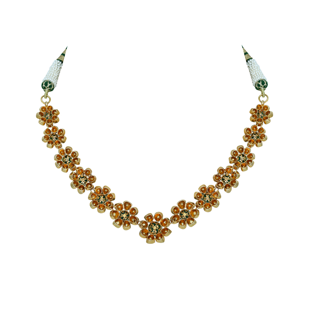 Polki Necklace with Emerald Accents and Blooming Design
